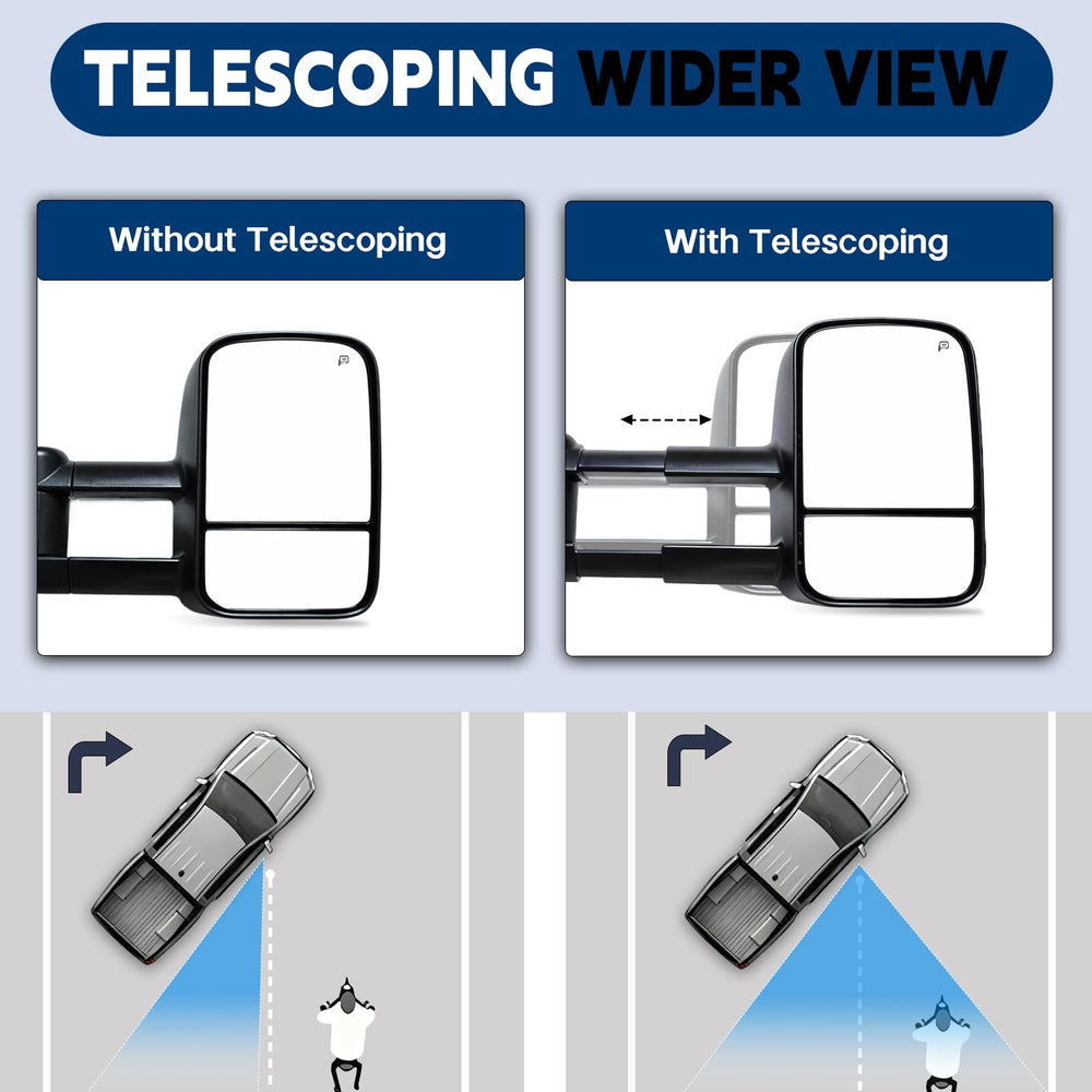 AERDM heated mirror glass close-up showing clear reflective surface for safer towing