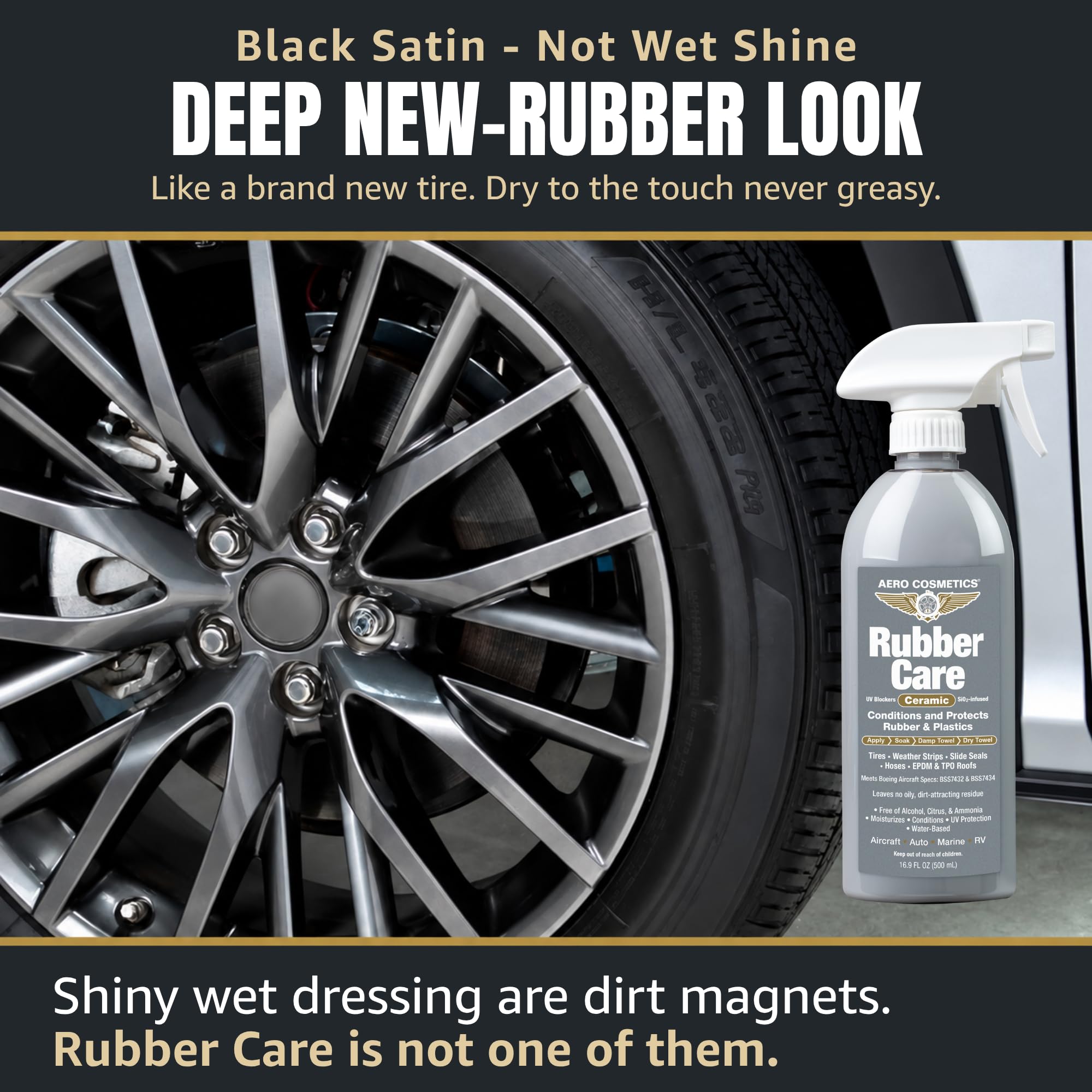 Aero Cosmetics applied to tire sidewall delivering satin like-new appearance