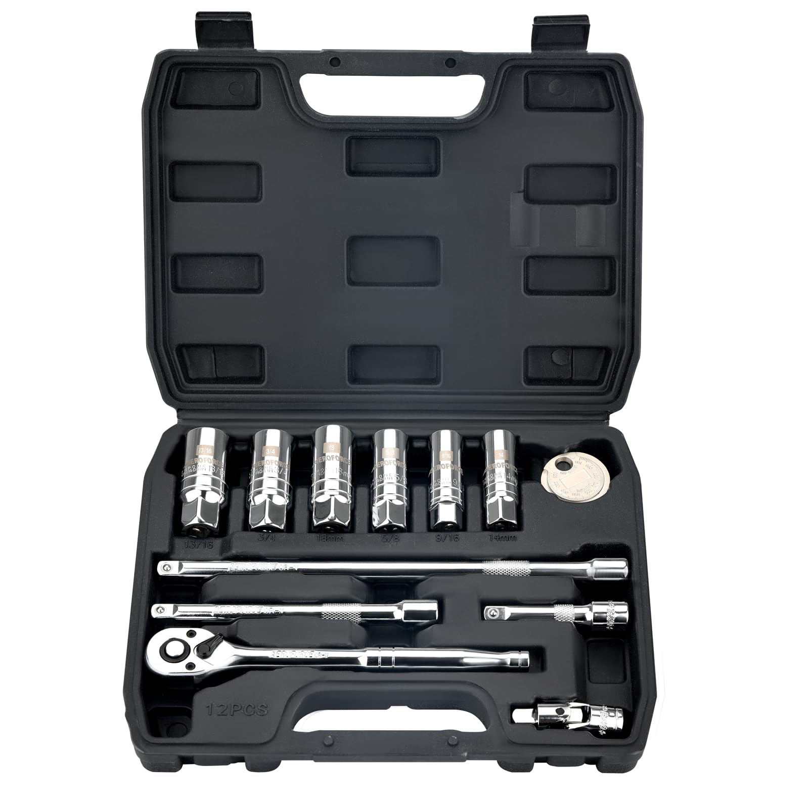 AEROFORCE front view open case showing full 12-piece spark plug set for organized storage