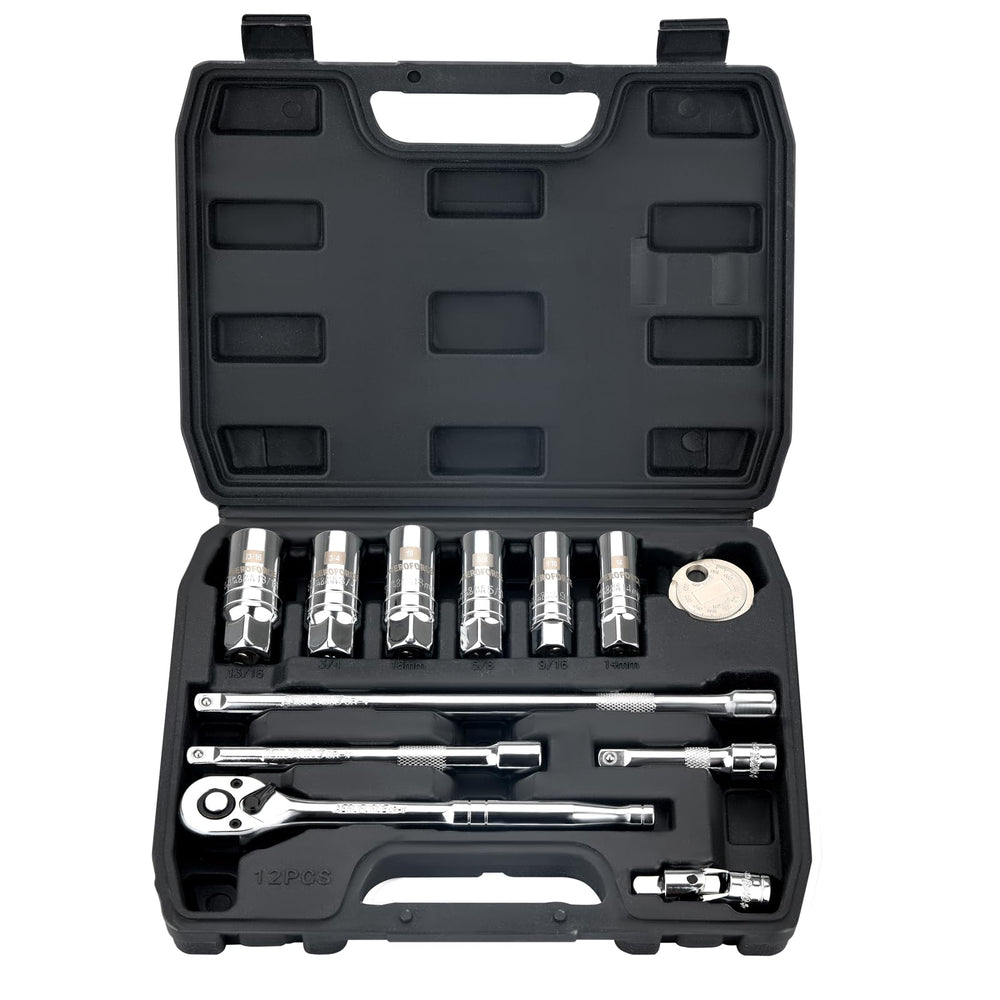 AEROFORCE front view open case showing full 12-piece spark plug set for organized storage