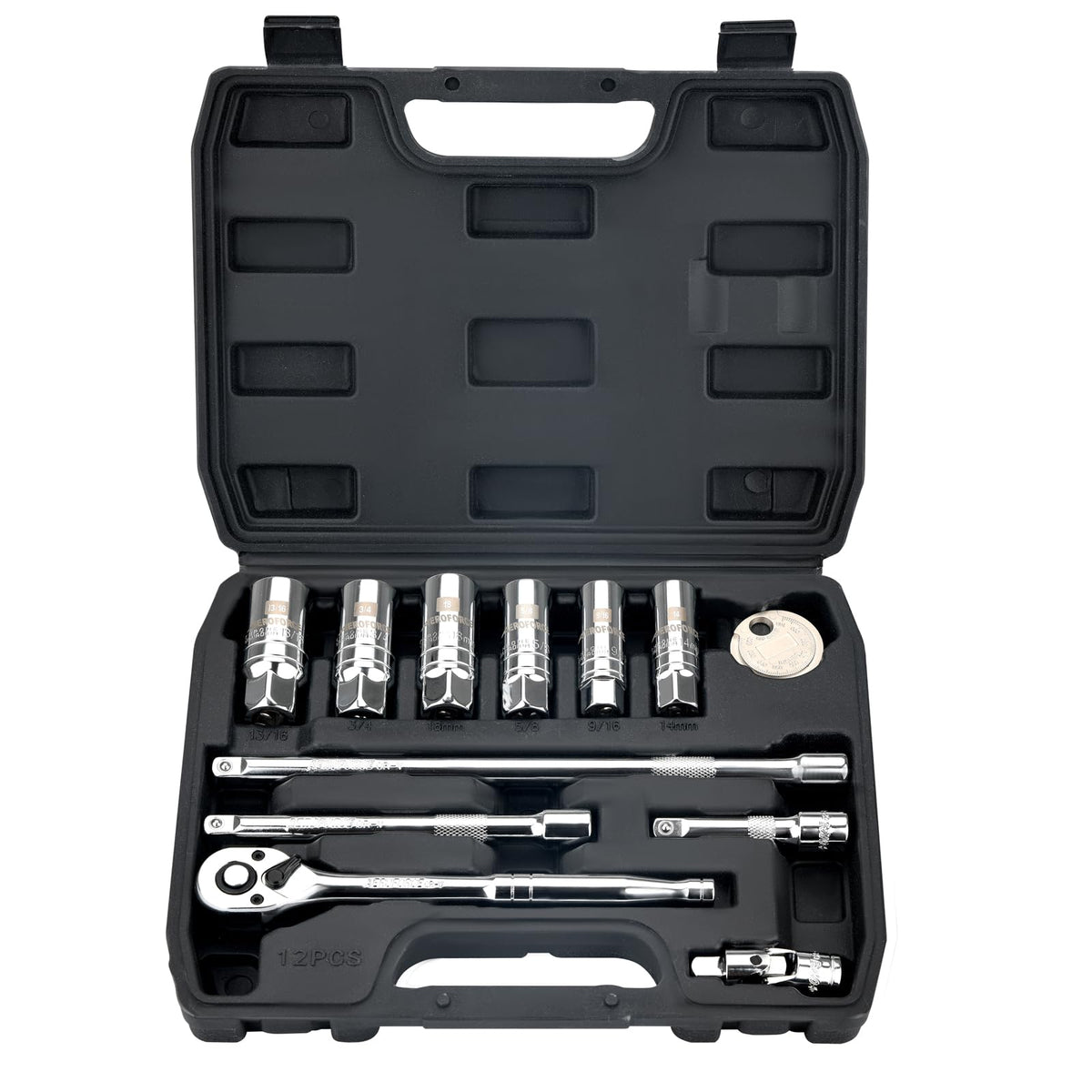 AEROFORCE front view open case showing full 12-piece spark plug set for organized storage