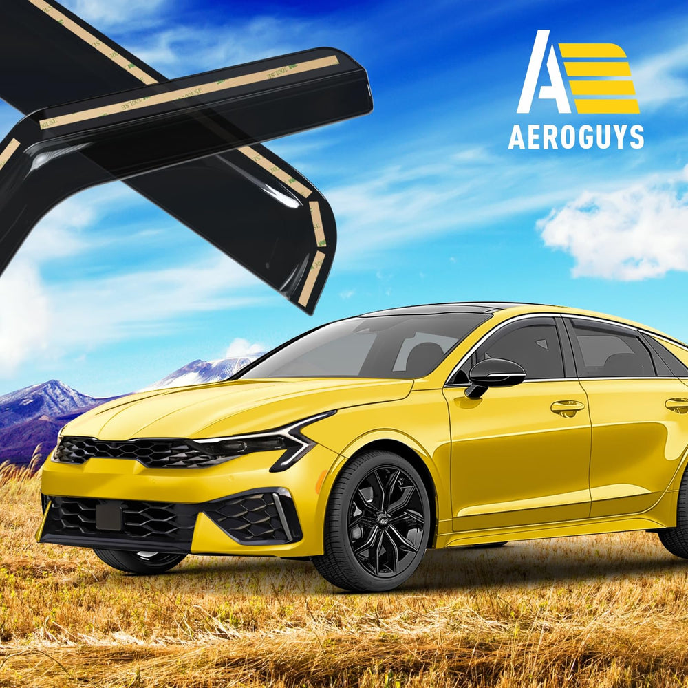 AEROGUYS visor installed on Kia K-5 side door demonstrating wind reduction benefit
