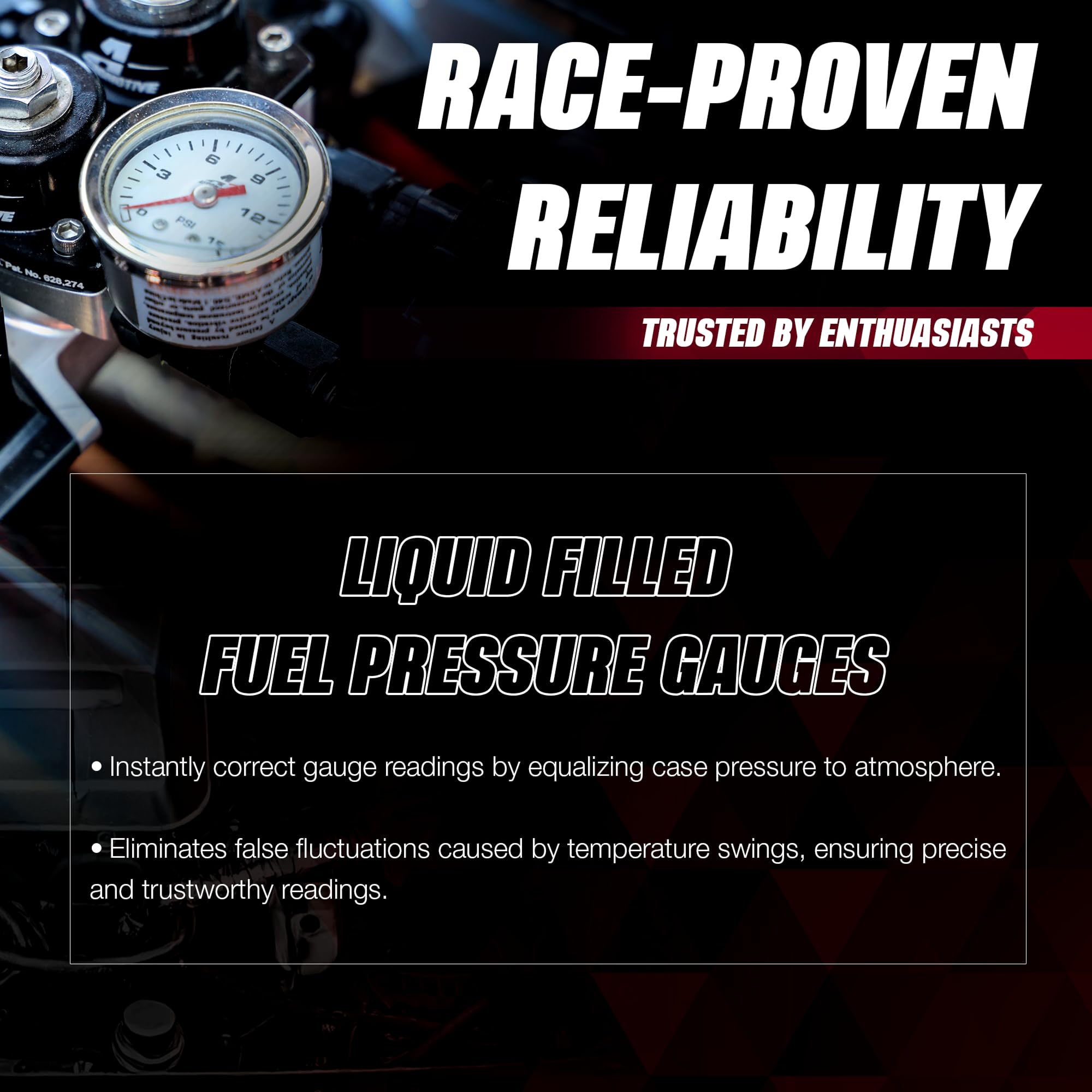 Aeromotive close-up of 1.5 inch dial offering precise readings