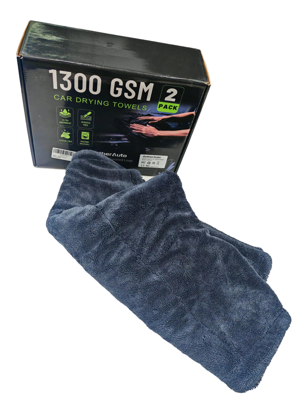 AetherAuto folded dark-gray towel showing plush loops and fast absorbency