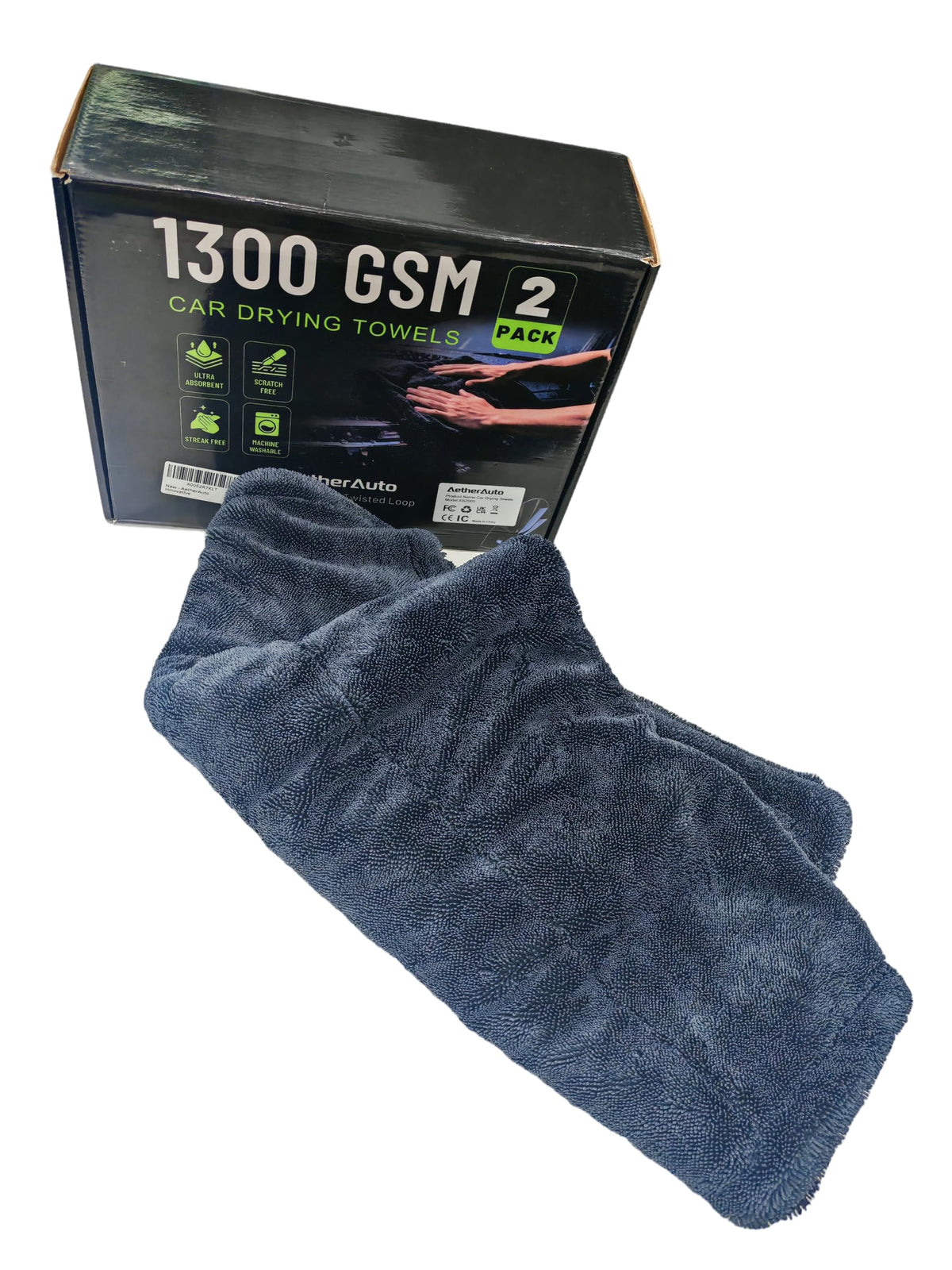 AetherAuto folded dark-gray towel showing plush loops and fast absorbency