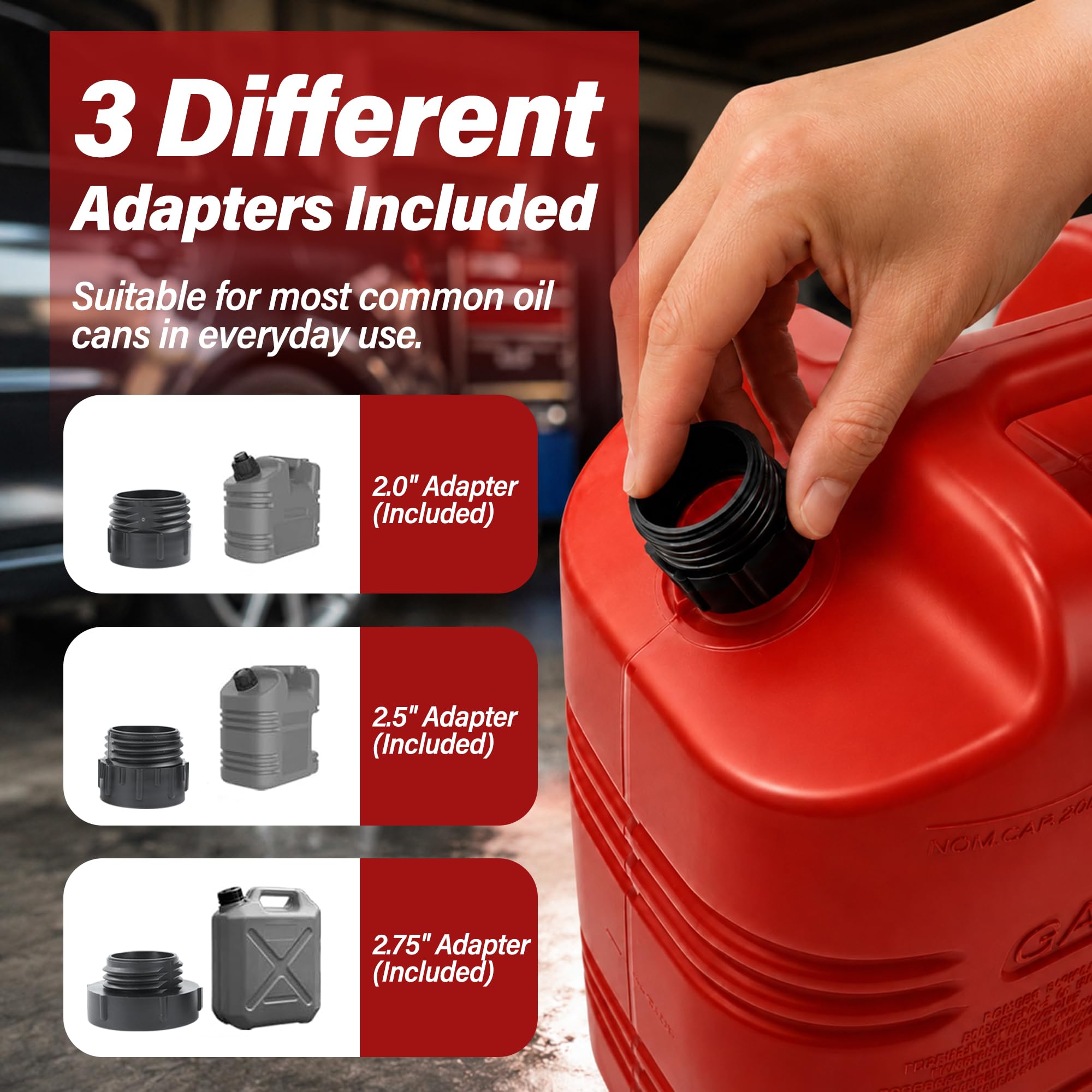 Aetleemo adapter set fitted to gas can necks for wide compatibility
