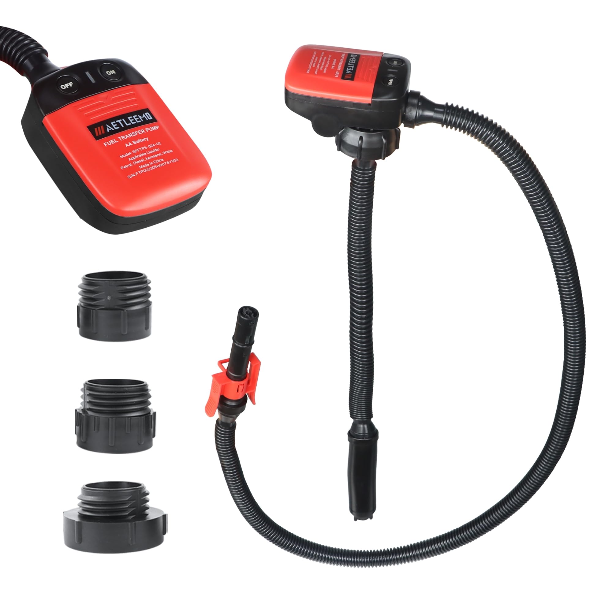 Aetleemo pump front view showing nozzle and portable design for quick fueling