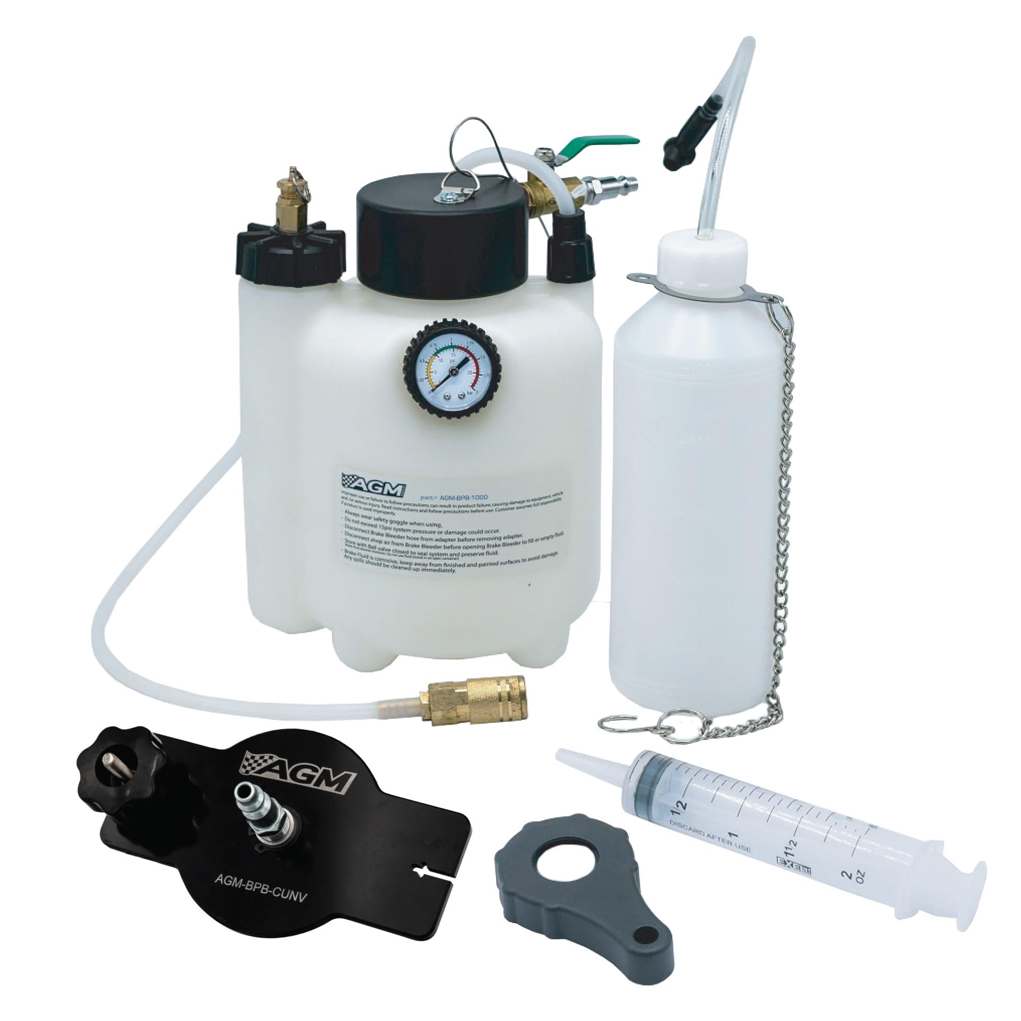 AGM front view of brake bleeder kit showing compact design and portability