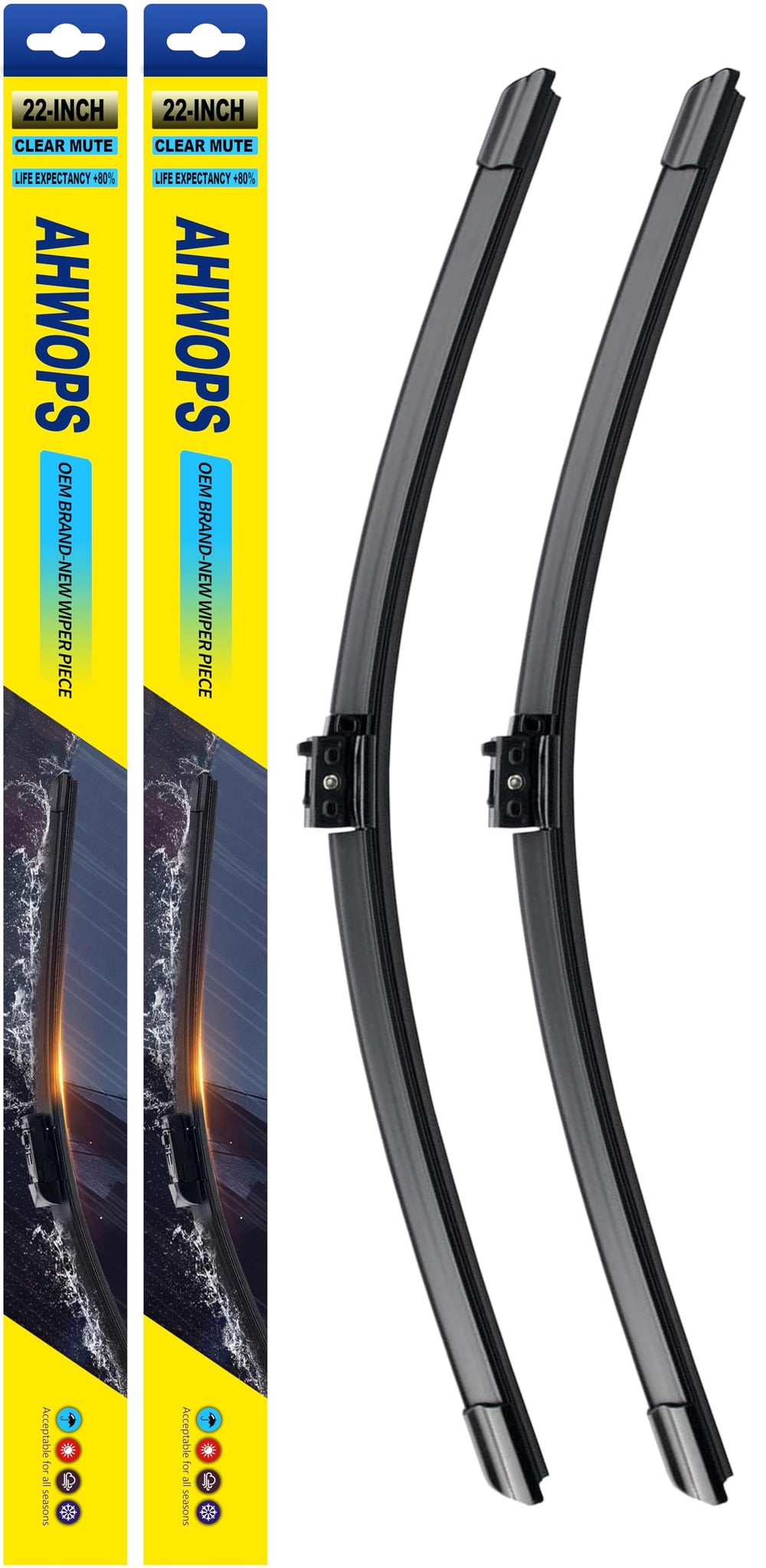 AHWOPS front packaging showing 22 inch wiper pair and clear fit benefits