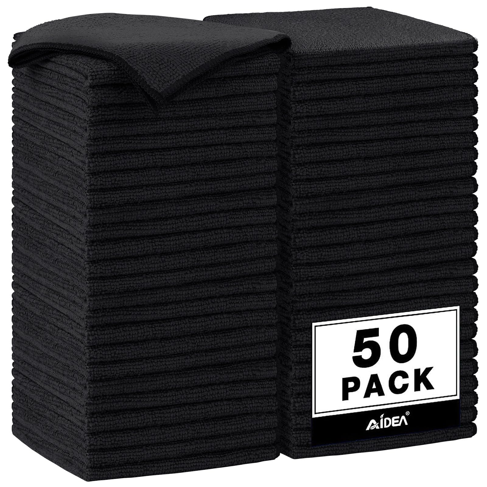 AIDEA front pack showing 50 black microfiber cloths emphasizing value