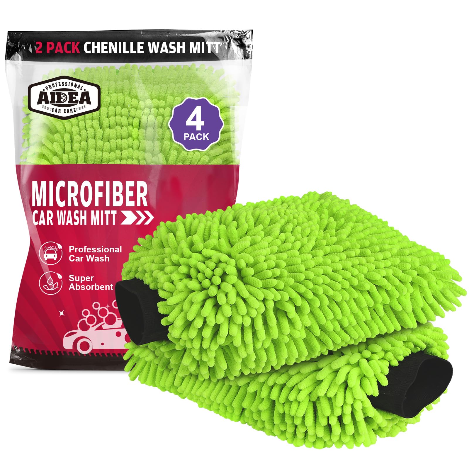 AIDEA front view of four green mitts showing packaging and product benefits