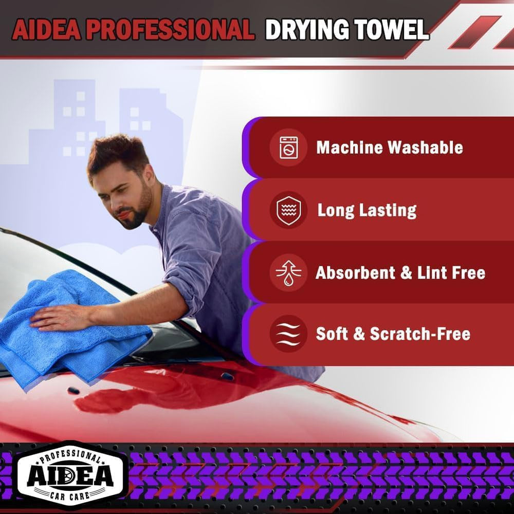 AIDEA towel in use on car hood demonstrating fast water removal