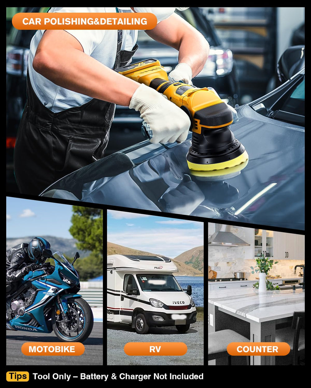 AIDERAR polisher beside DeWalt battery showing compatibility and portable power benefit