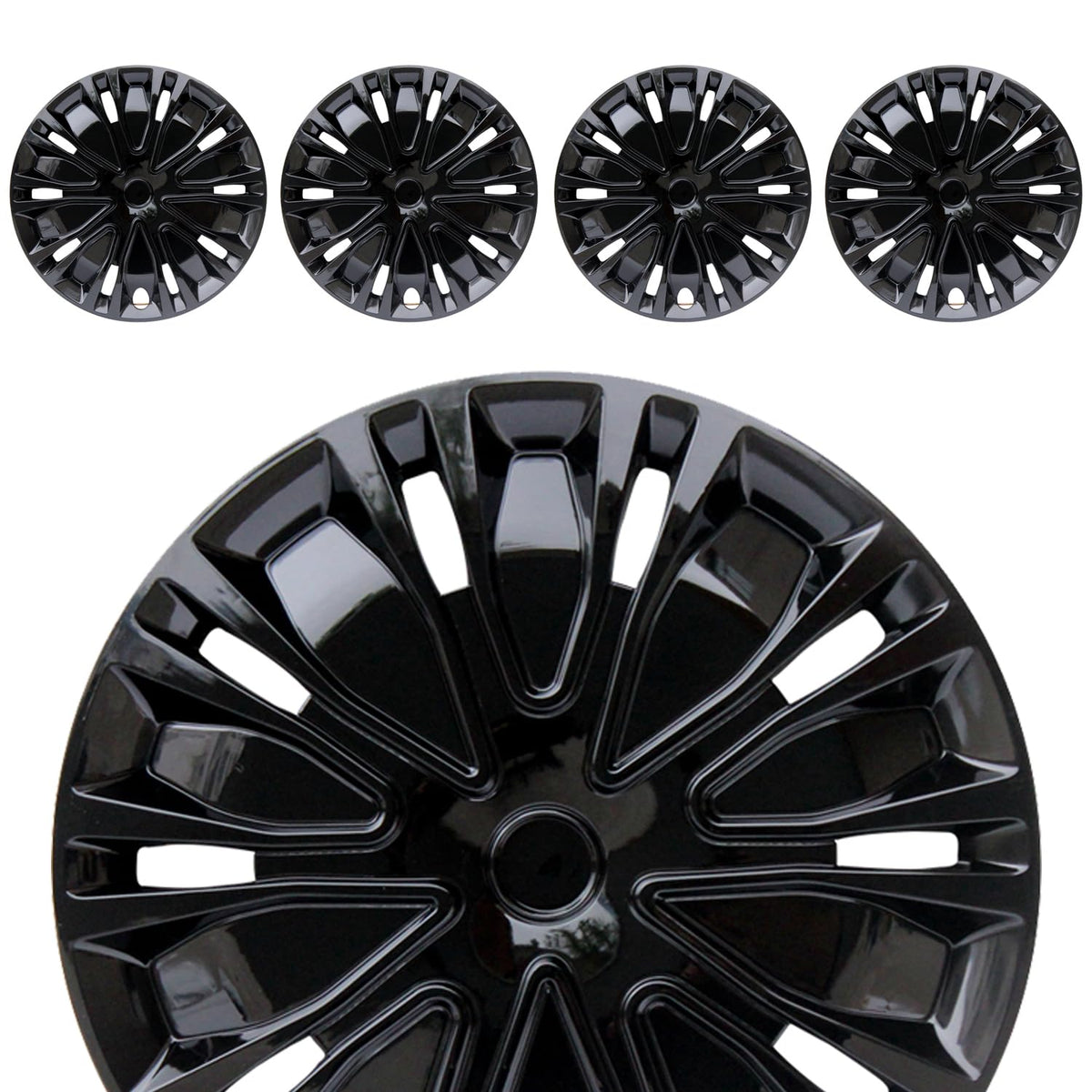 Aiqiying front view of hubcaps showing full set and packaging protecting wheels