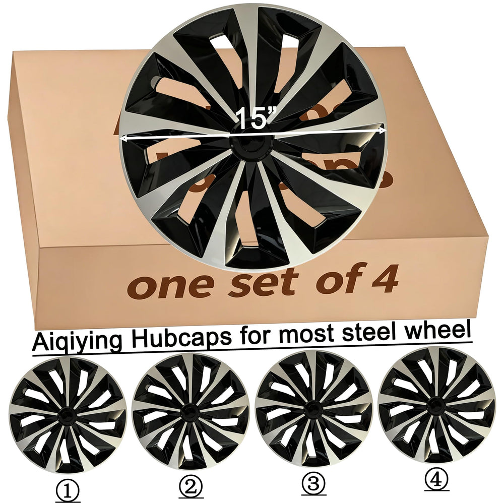 Aiqiying hubcap next to tape measure showing 15-inch scale for correct sizing