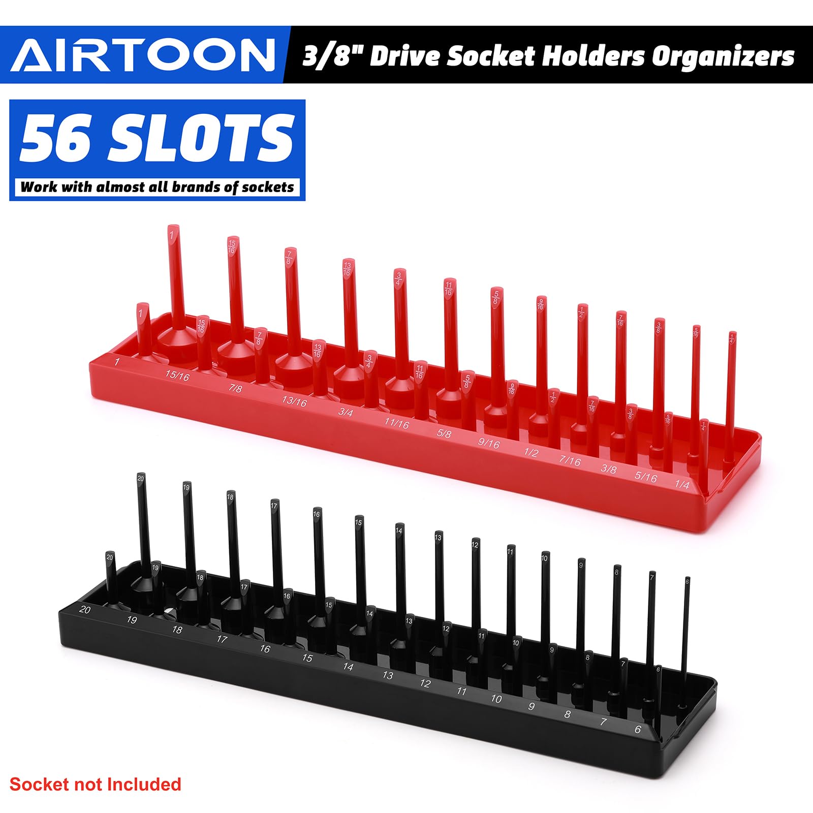 AIRTOON metric and SAE trays side by side in contrasting colors for easy sorting