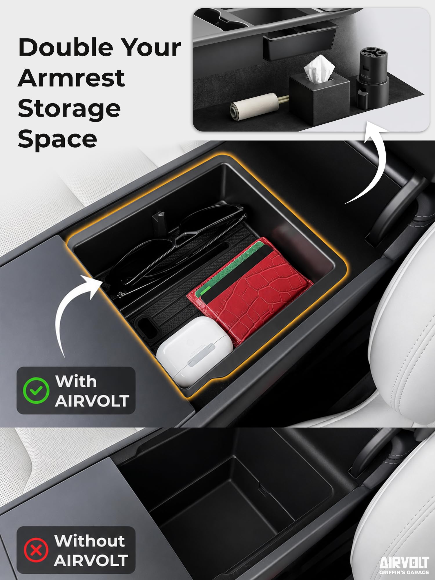 AIRVOLT hidden armrest compartment open, secures valuables neatly