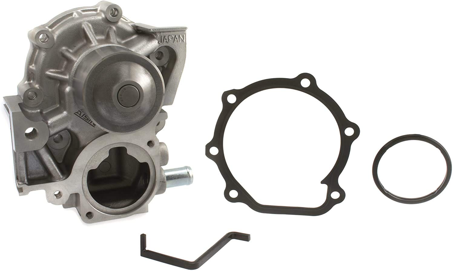AISIN water pump close-up highlighting diecast housing and seal for lasting durability