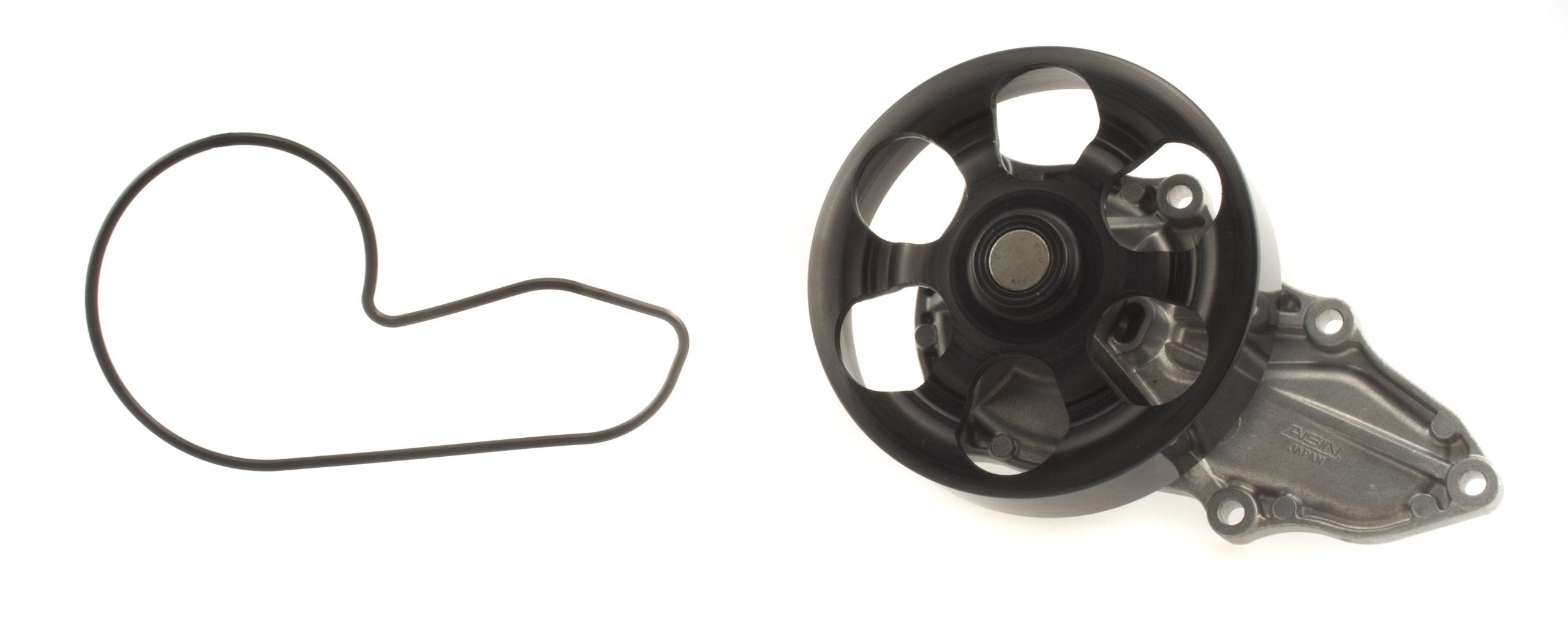 AISIN water pump front view showing included gasket and pulley for easy replacement