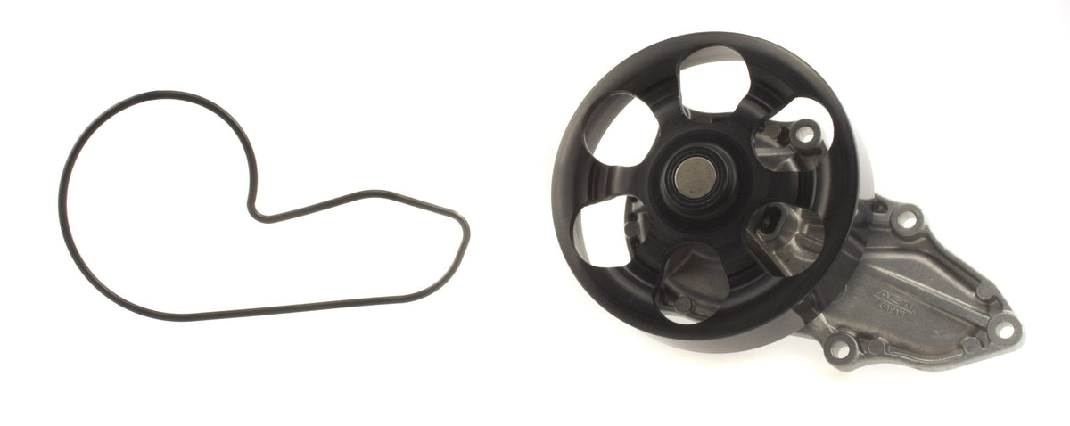 AISIN water pump front view showing included gasket and pulley for easy replacement