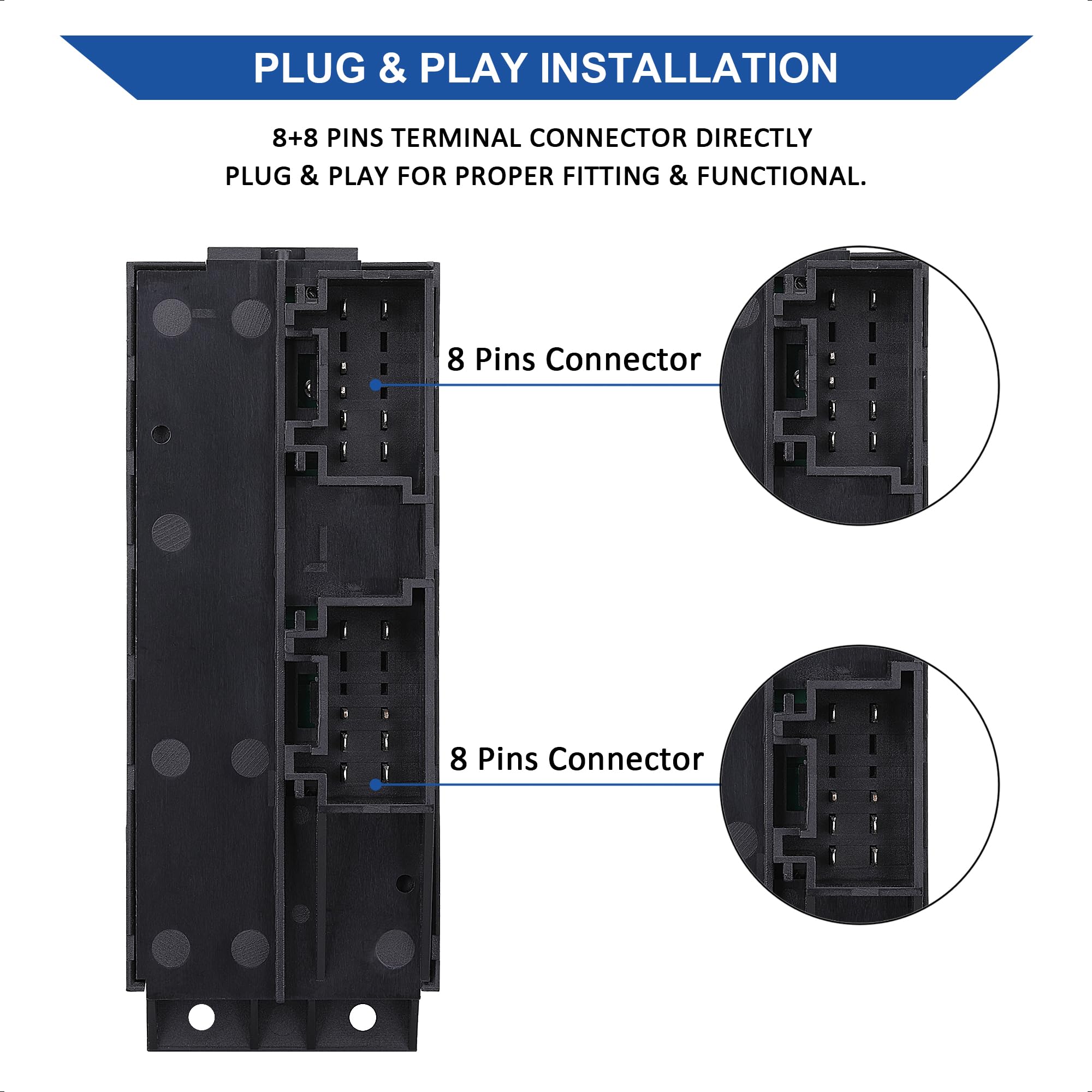 AiYiGu connector pins detail showing 8+8 pins for plug-and-play installation