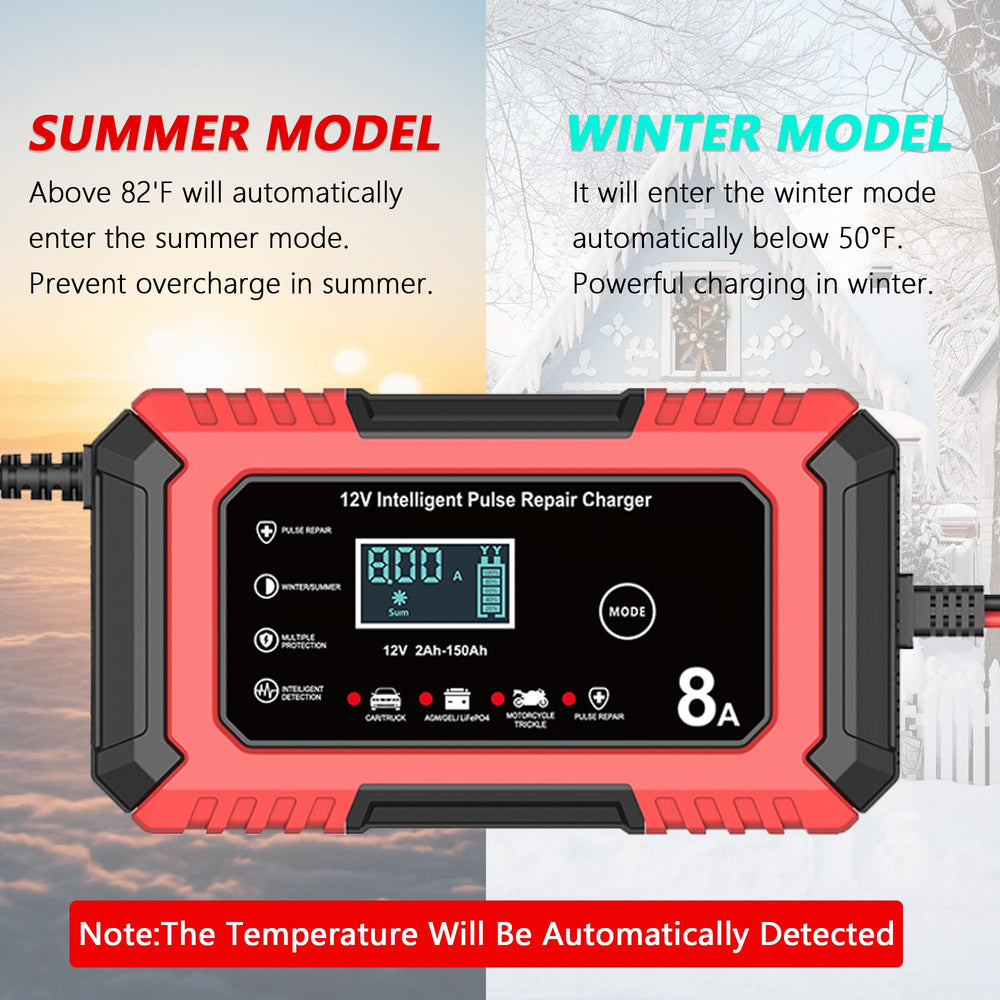 AIYONFEI charger connected to car battery delivering up to 8A fast charge