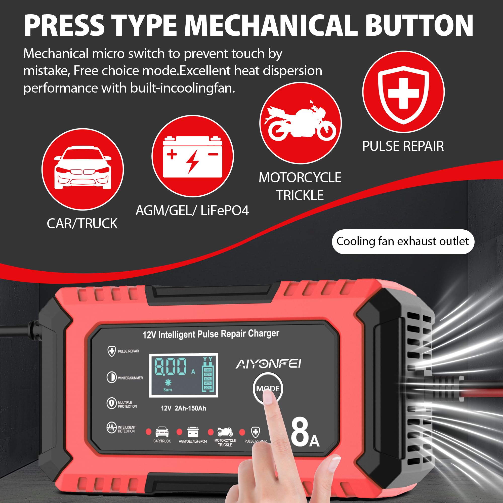 AIYONFEI closeup of specification label and safety icons for confident setup