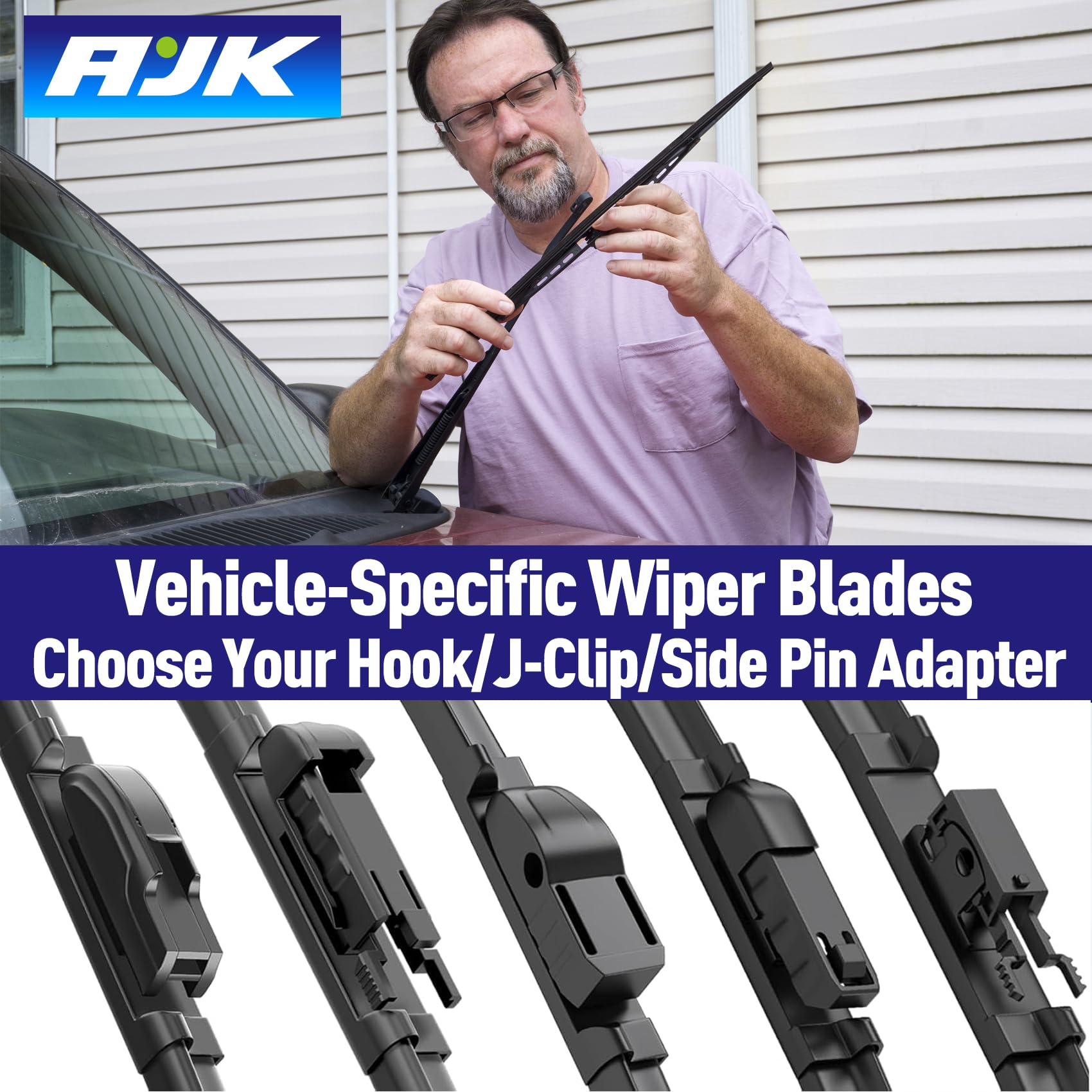 AJK rear wiper blade beside ruler showing correct size and simple replacement benefit