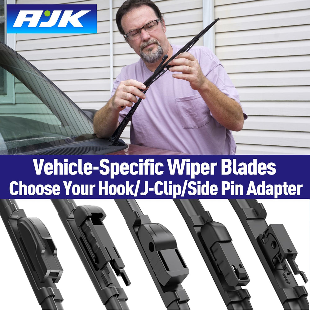AJK rear wiper blade beside ruler showing correct size and simple replacement benefit