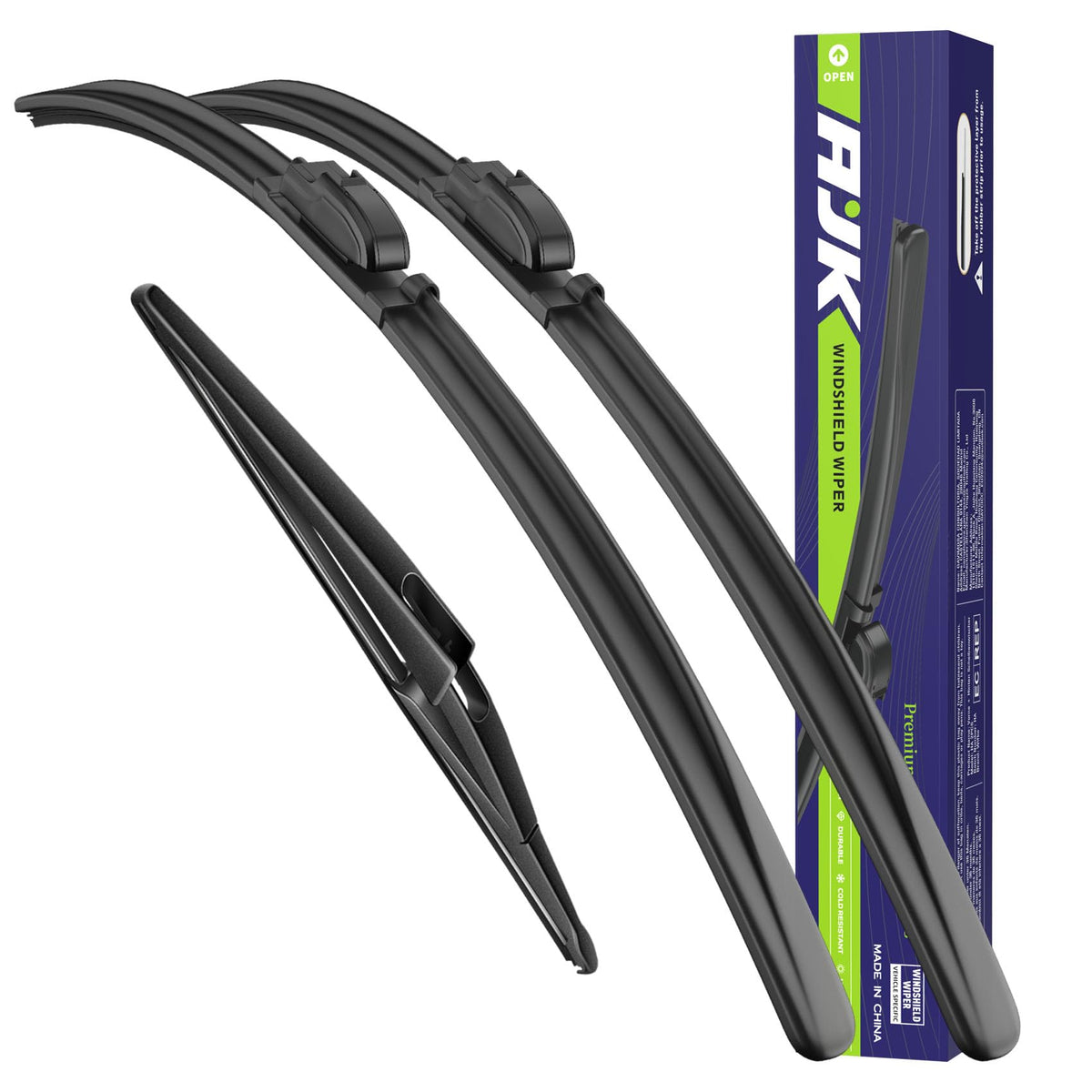 AJK front and rear blade packaging showing fitment for Hyundai Kona and easy buy benefit