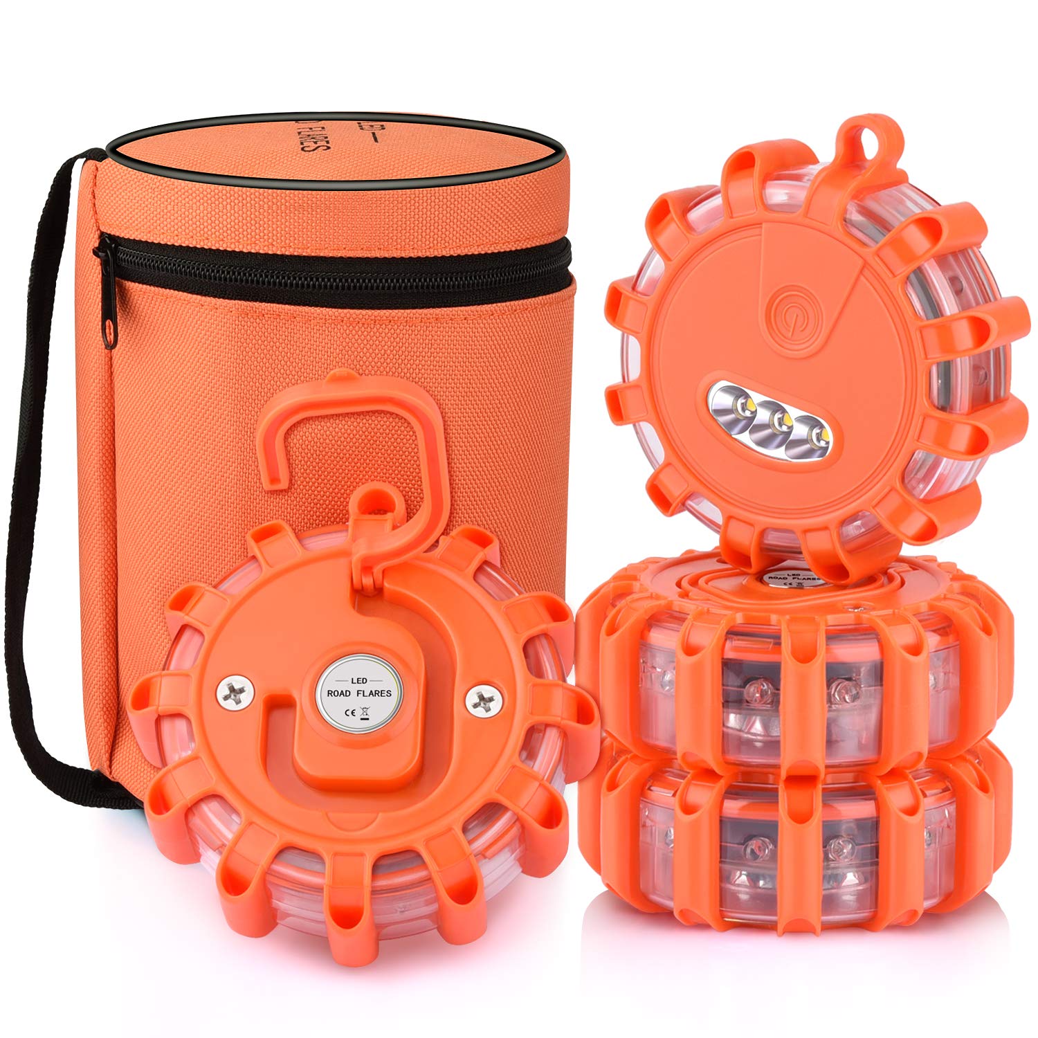 AK road flares front view showing four-disc kit and storage bag for quick access
