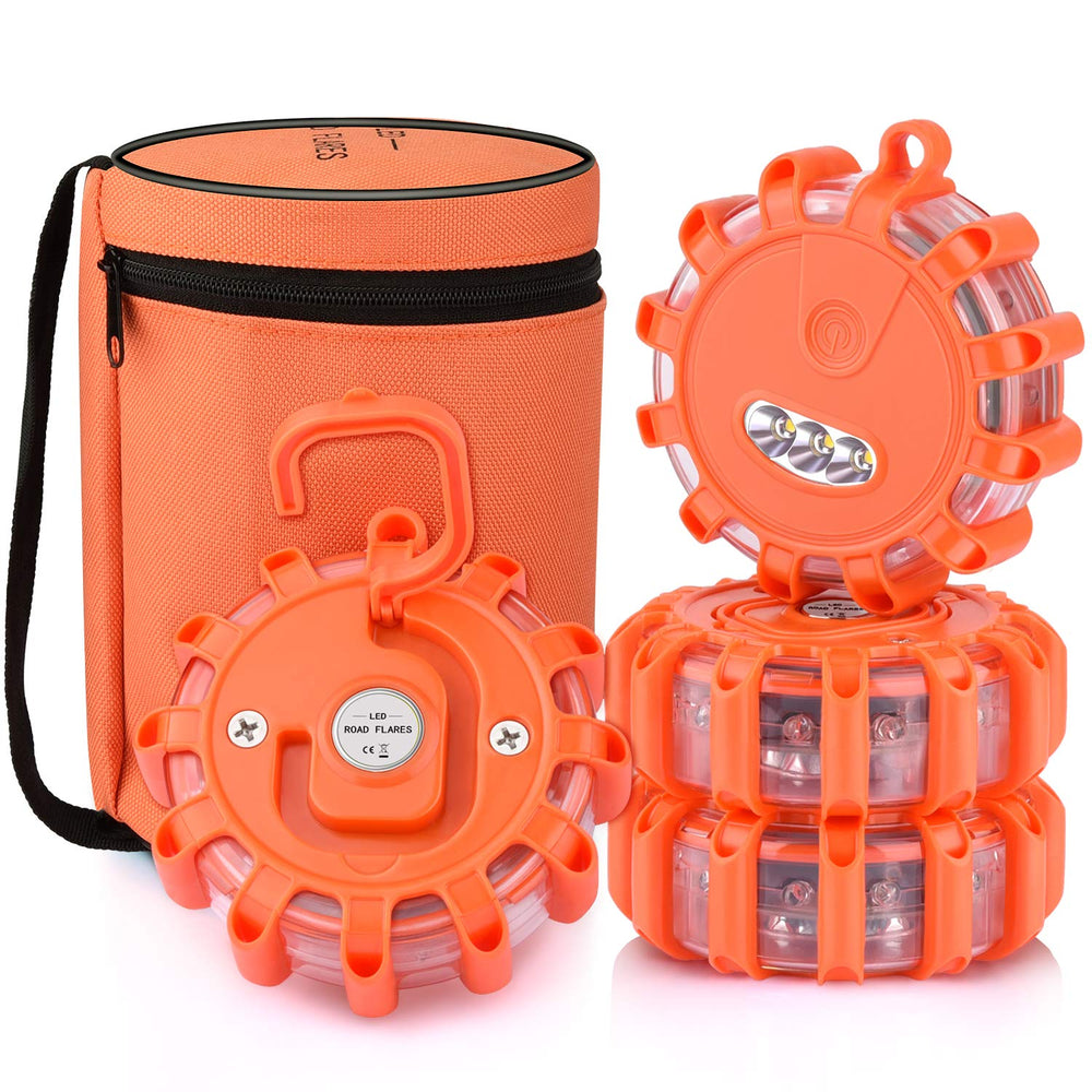 AK road flares front view showing four-disc kit and storage bag for quick access