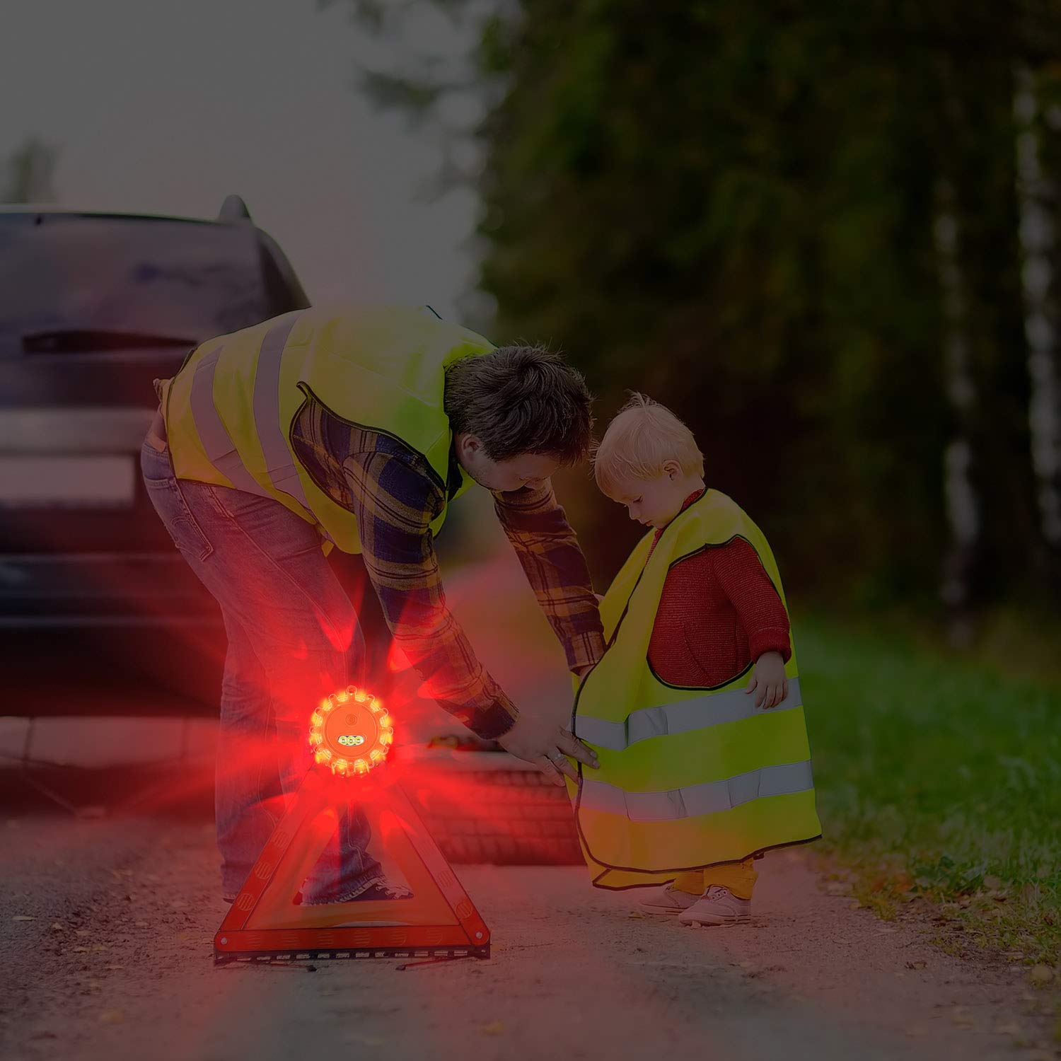 AK flares lit at night on roadside showing high-visibility signaling benefit
