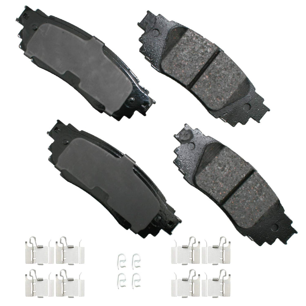 Akebono rear brake pads front packaging showing fit and reduced-noise benefit