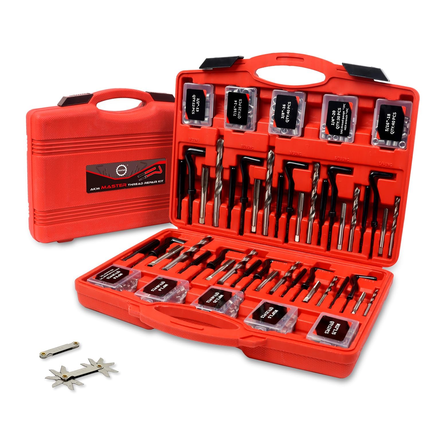 AKM molded case open with organized 338-piece kit for fast repairs