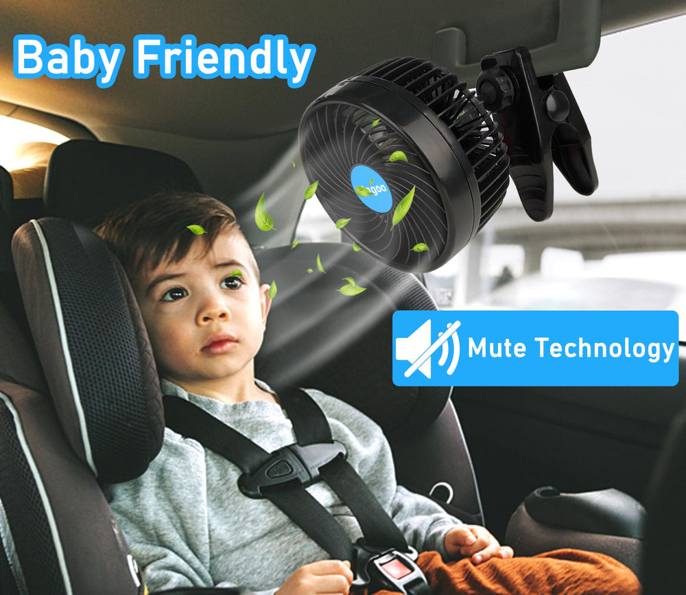 Alagoo car fan clipped to dash providing immediate cooling for front passenger