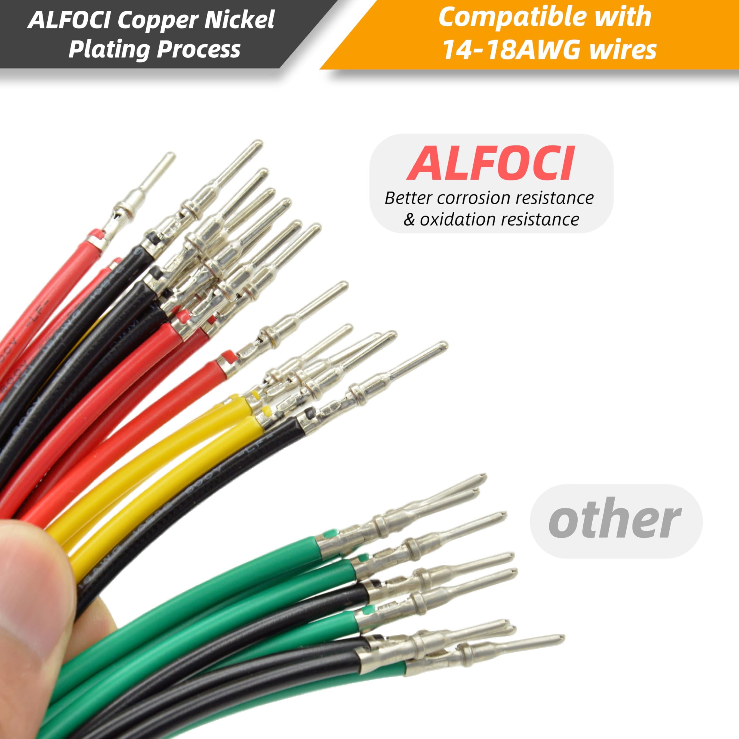 ALFOCI wires and contacts size comparison illustrating compatibility with 14–18 AWG