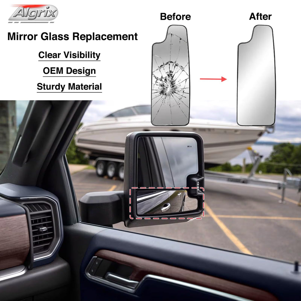 Algrix mirror installed on Silverado passenger side demonstrating fit and road visibility