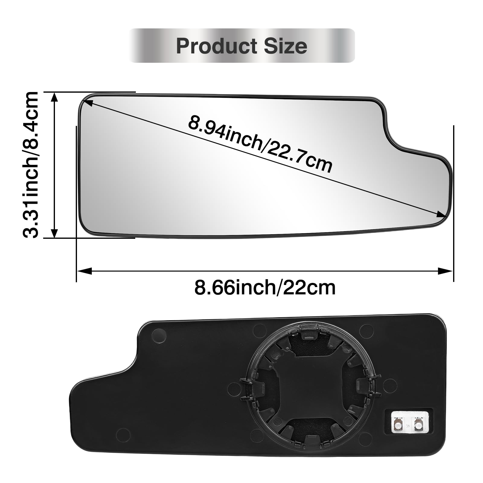 Algrix mirror next to ruler for scale showing exact size and easy compatibility