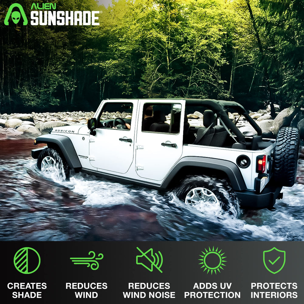 Alien Sunshade bungee attachment on roll bar showing secure fit benefit