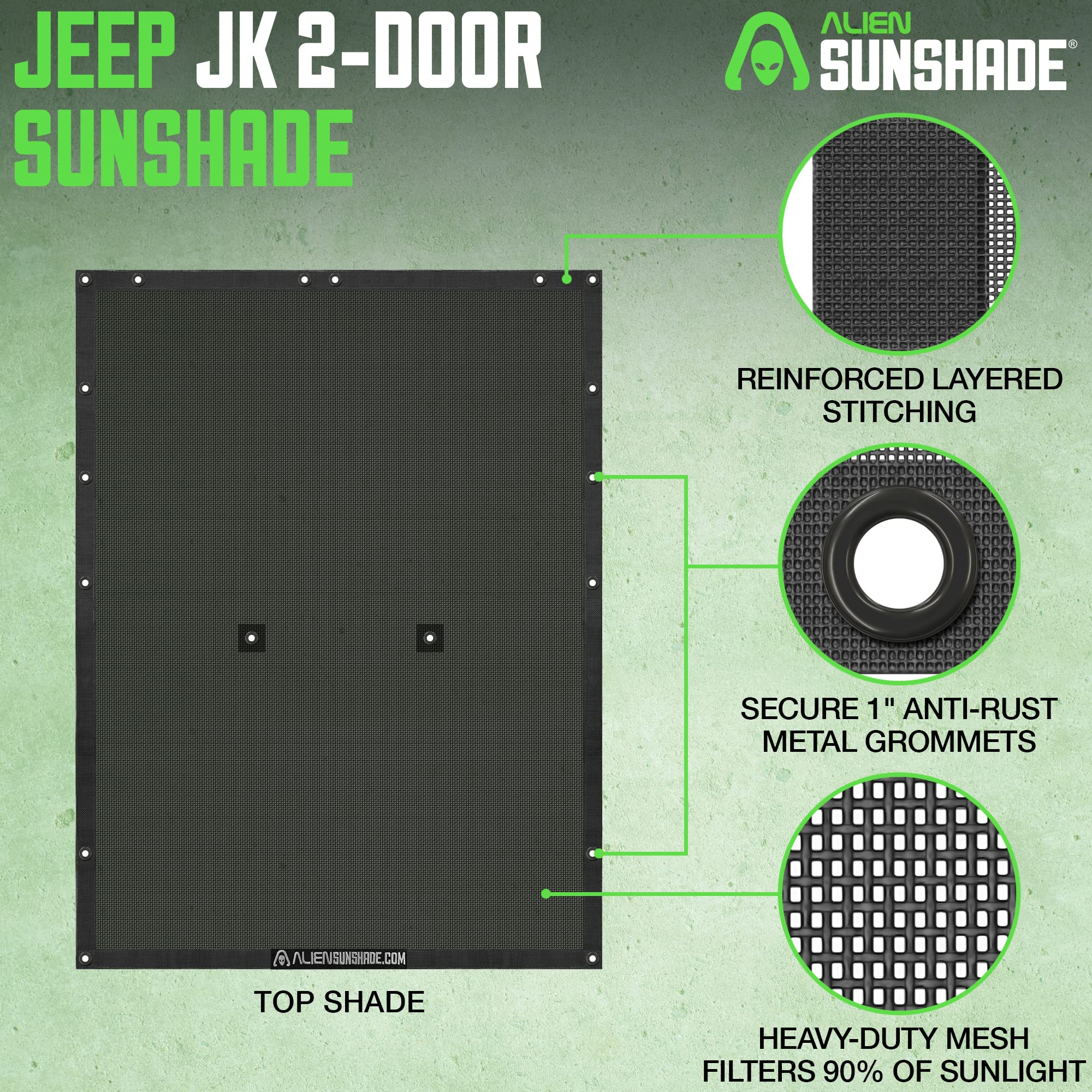 Alien Sunshade beside Jeep interior illustrating compact storage and fit