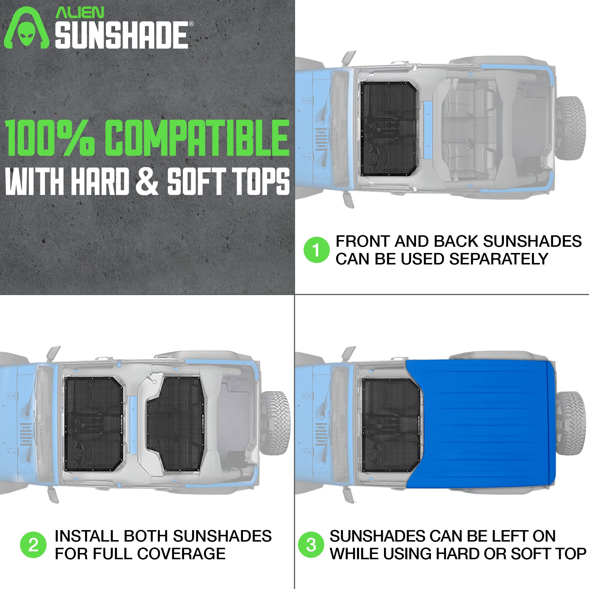 Alien Sunshade on four-door Jeep for size comparison showing coverage benefit