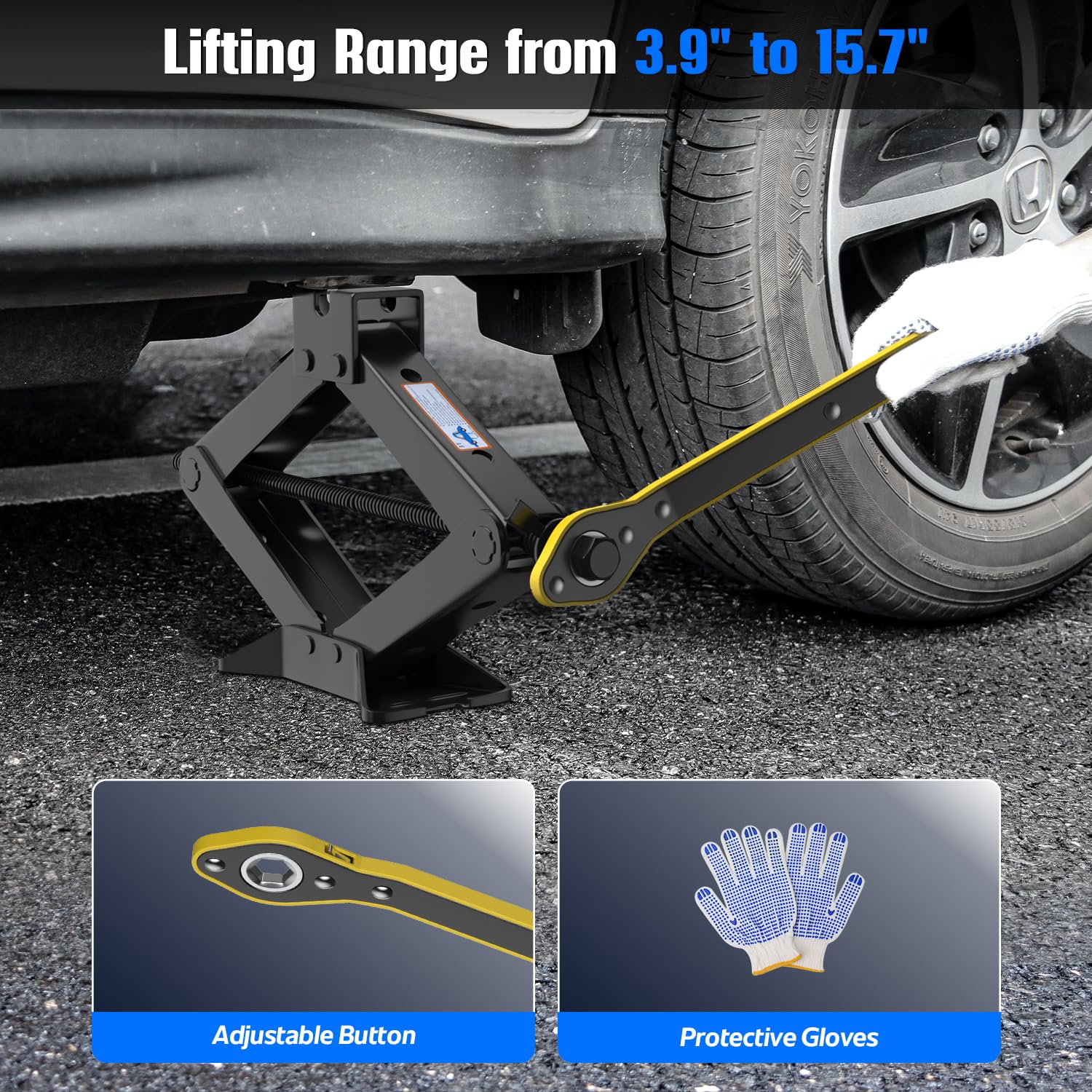 ALIXUEQIN scissor jack lifting an SUV side showing correct placement and benefit