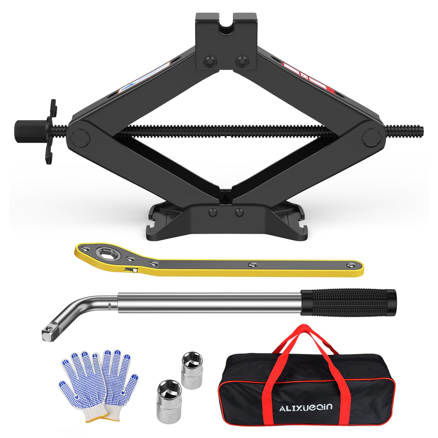 ALIXUEQIN scissor jack front view showing compact folded design and durability