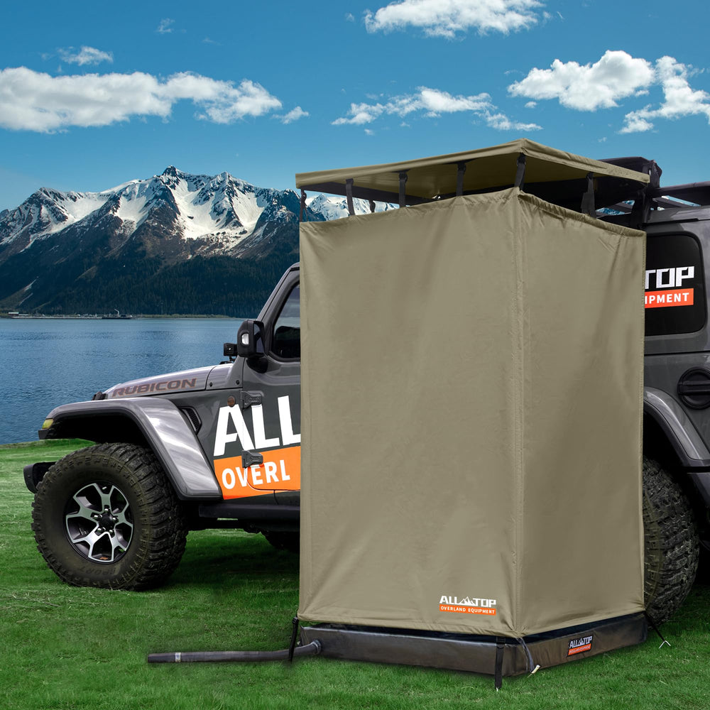 ALL-TOP awning shower room front view showing secure vehicle attachment and privacy benefit