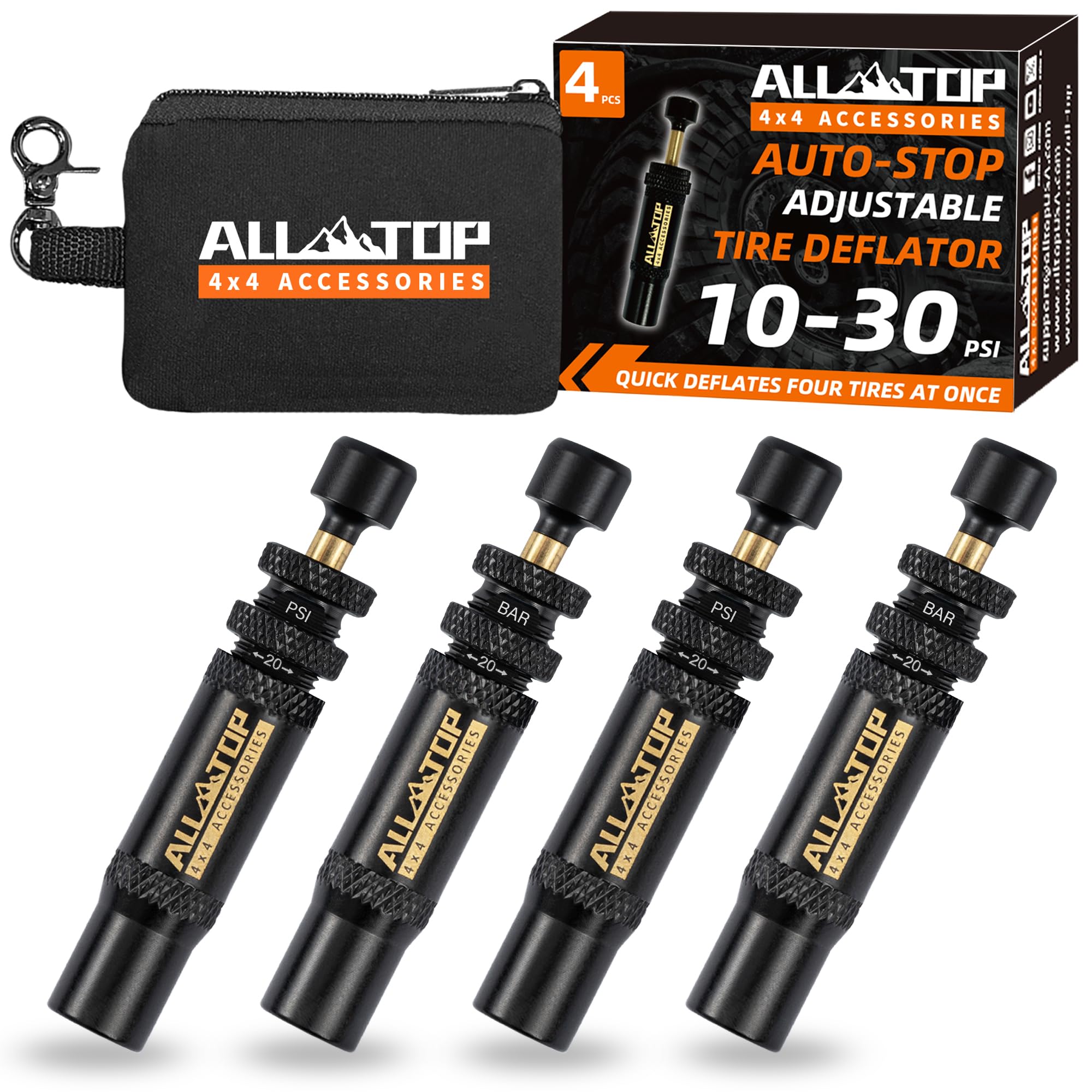 ALL-TOP front view of kit showing four deflators and pouch for easy organization