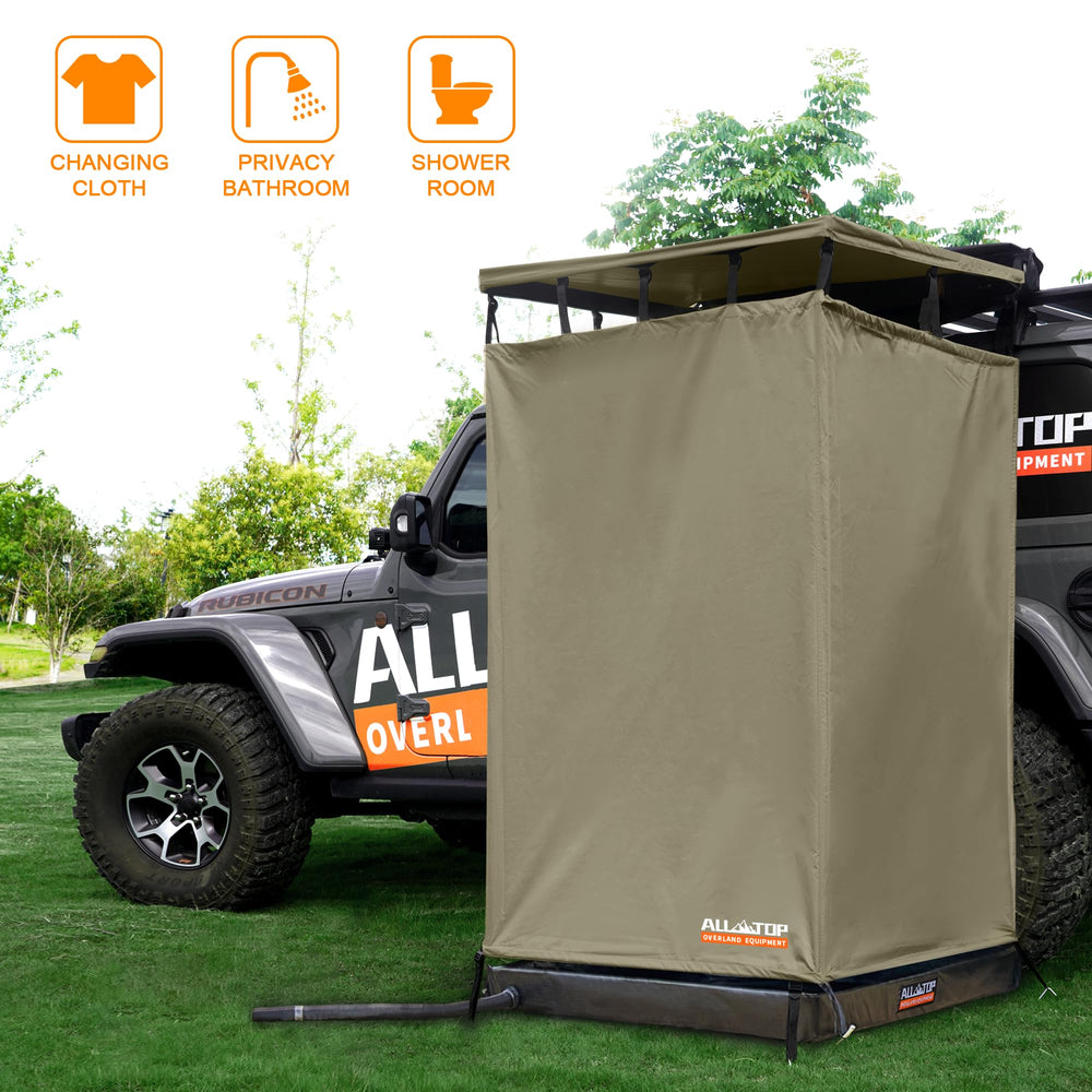 ALL-TOP installed at campsite beside vehicle demonstrating private shelter benefit