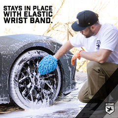 AllGuard mitt loaded with suds cleaning car panel showing high absorption benefit