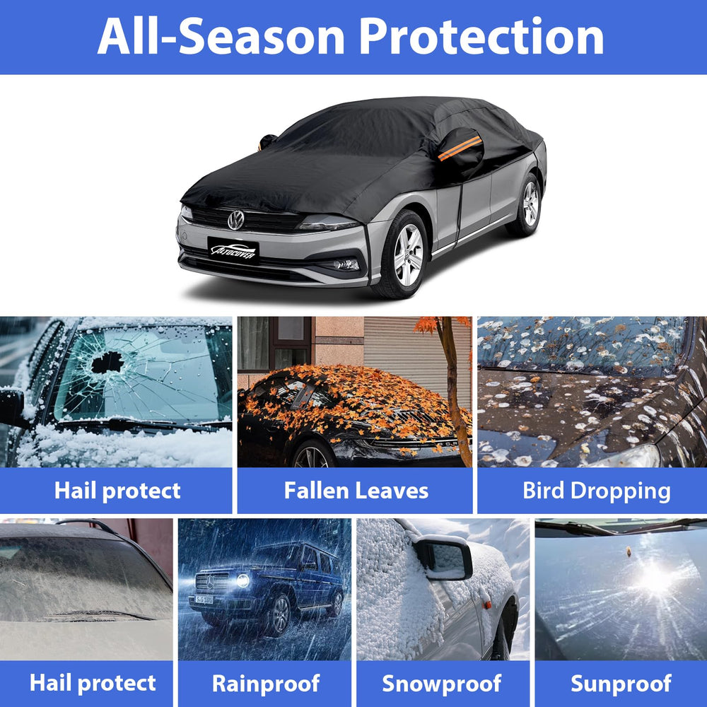 AltoCover installed on a sedan outdoors demonstrating hail and snow protection