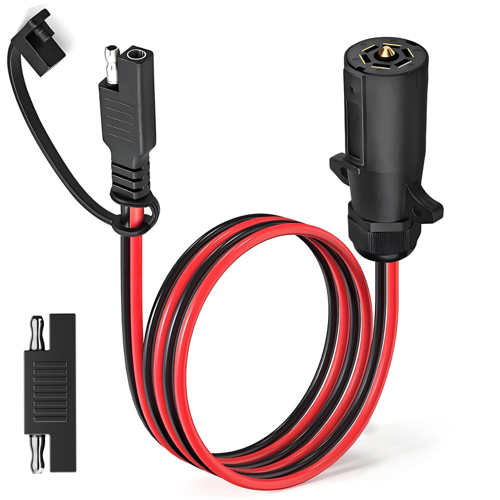 AMAKE front view of 7-way to SAE adapter showing plug faces and grip hooks